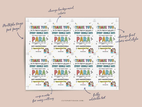 Paraprofessionals Day Gift Tags Printable INSTANT DOWNLOAD Editable Paraprofessional Appreciation Day Gift Survival Kit Card Thank You tag
