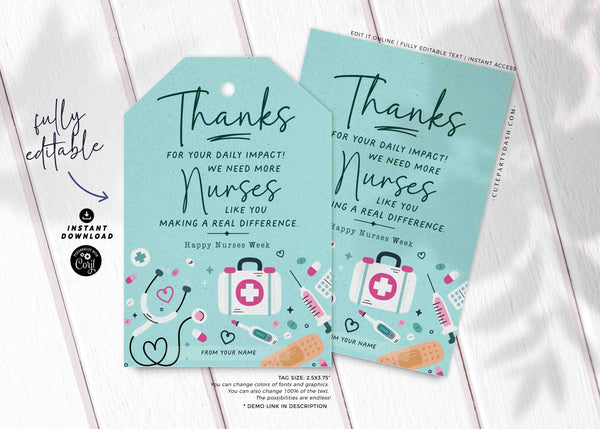 Nurses Week Gift Tags Printable INSTANT DOWNLOAD Editable National Nurses Appreciation Gifts Happy Nurse Week Gifts Thank You Nurses