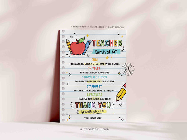 Teacher Survival Kit Printable Gift Tag INSTANT DOWNLOAD Editable Teacher Appreciation Week Gift for Teachers Back to School End of School