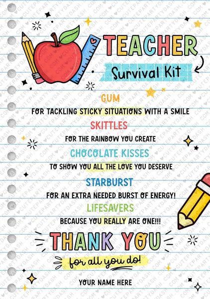Teacher Survival Kit Printable Gift Tag INSTANT DOWNLOAD Editable Teacher Appreciation Week Gift for Teachers Back to School End of School