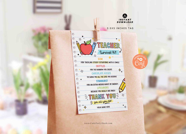 Teacher Survival Kit Printable Gift Tag INSTANT DOWNLOAD Editable Teacher Appreciation Week Gift for Teachers Back to School End of School