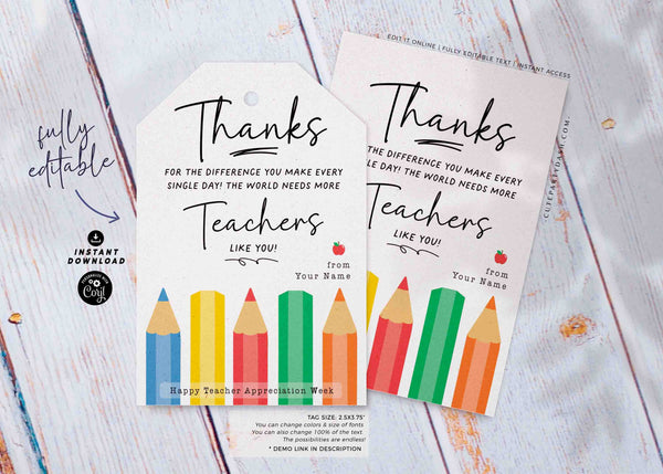 Teacher Appreciation Week Gift Tag Printable INSTANT DOWNLOAD Gift for Teachers Gift box Thank You Card Editable Happy Teacher Appreciation