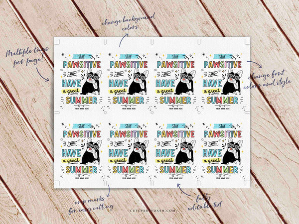 Stay PAWSITIVE Have a Great Summer Gift Tag Printable INSTANT DOWNLOAD Editable End of School Year treat Tags Template Dog Summer tags