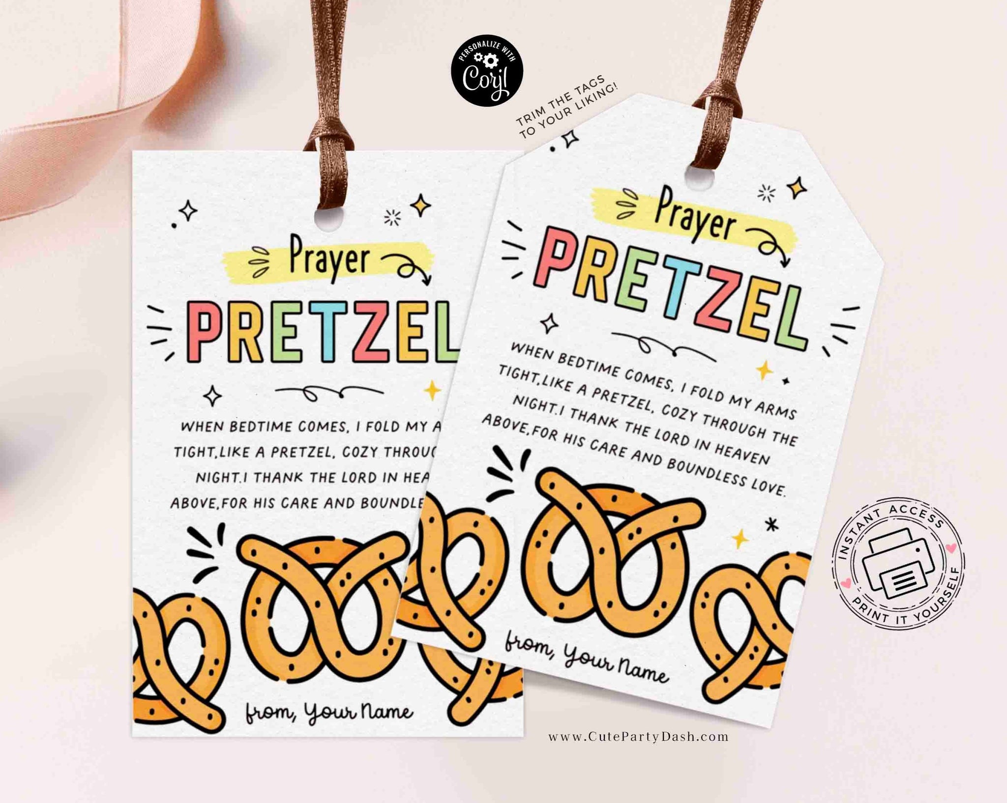 Sunday School Printable Pretzel Prayer Tag INSTANT DOWNLOAD Pretzel poem Religious Tag Blessing cards church gift tag