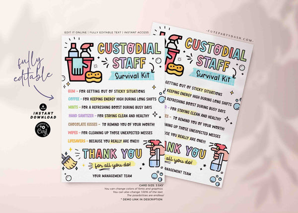 Custodian Day Survival Kit Tag Printable INSTANT DOWNLOAD Printable School Custodian Appreciation Day Gifts idea, National Custodian Week