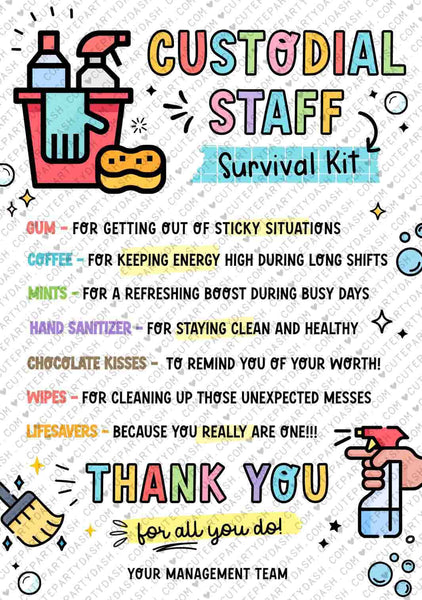 Custodian Day Survival Kit Tag Printable INSTANT DOWNLOAD Printable School Custodian Appreciation Day Gifts idea, National Custodian Week