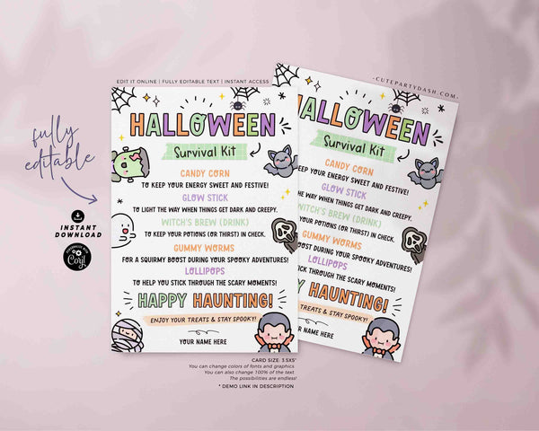 Halloween Survival Kit Tag Printable INSTANT DOWNLOAD Printable Halloween Gift Tags, Gifts idea, Treat Tag, Candy Tags, Gift for kids team