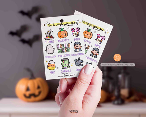 Editable Halloween Christian Affirmation Gift Tag Printable INSTANT DOWNLOAD God says I am Church Sunday School Treat Tag Halloween for kids