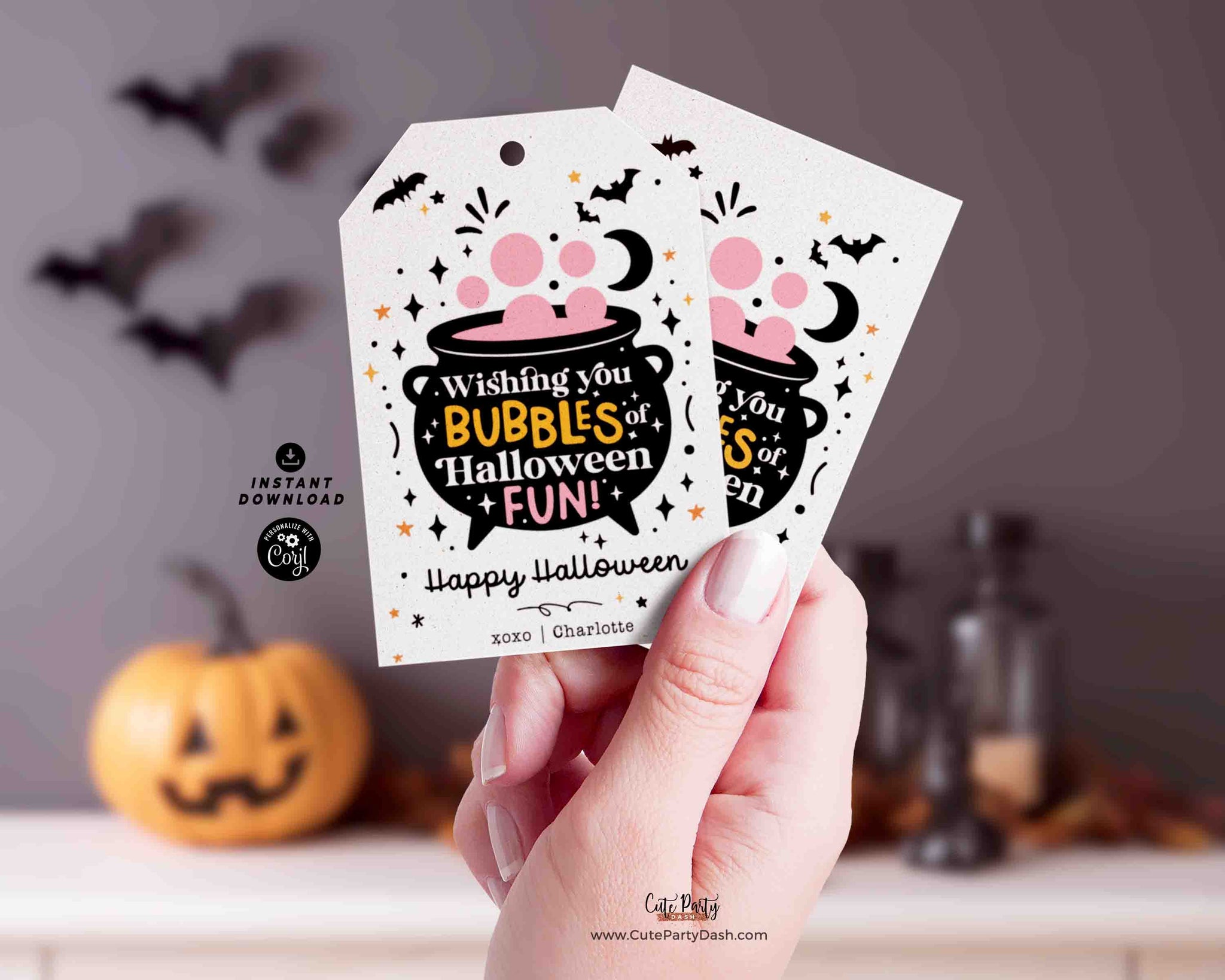 Happy Halloween Gift tag Printable INSTANT DOWNLOAD Editable Soap Bubbles Halloween Non candy Tag, bubble gum halloween treat tags