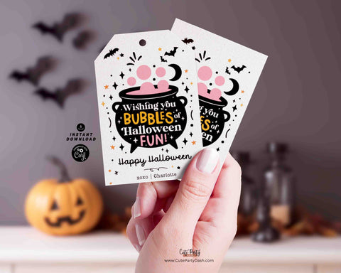 Happy Halloween Gift tag Printable INSTANT DOWNLOAD Editable Soap Bubbles Halloween Non candy Tag, bubble gum halloween treat tags