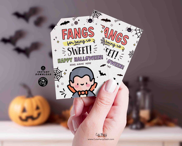 Vampire Halloween Gift Tag Printable INSTANT DOWNLOAD EDITABLE Happy Halloween Fangs Candy bag Teachers kids classmate