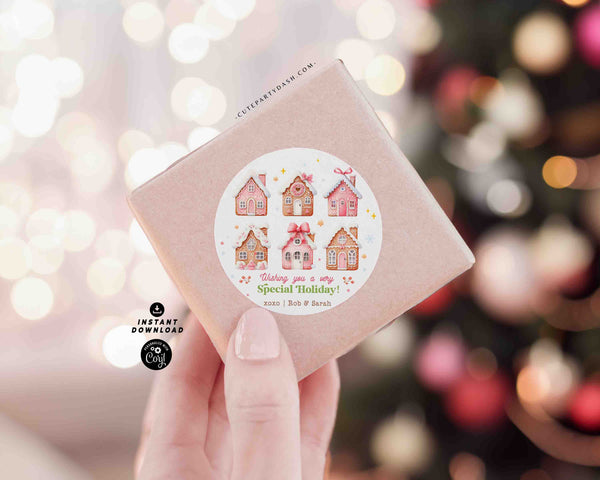 Pink Gingerbread House Gift Tag INSTANT DOWNLOAD Sweet Christmas Favor tag, 2"round Cookie Sticker Editable Merry Christmas Cookie Treat Tag