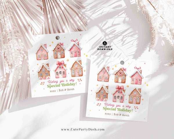 Pink Gingerbread House Gift Tag INSTANT DOWNLOAD Sweet Christmas Favor tag, 2"round Cookie Sticker Editable Merry Christmas Cookie Treat Tag