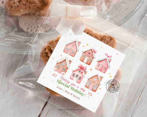 Pink Gingerbread House Gift Tag INSTANT DOWNLOAD Sweet Christmas Favor tag, 2"round Cookie Sticker Editable Merry Christmas Cookie Treat Tag