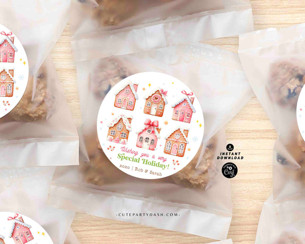 Pink Gingerbread House Gift Tag INSTANT DOWNLOAD Sweet Christmas Favor tag, 2"round Cookie Sticker Editable Merry Christmas Cookie Treat Tag