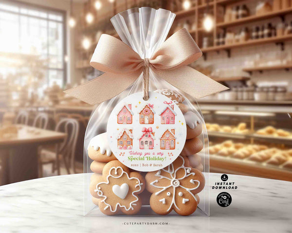 Pink Gingerbread House Gift Tag INSTANT DOWNLOAD Sweet Christmas Favor tag, 2"round Cookie Sticker Editable Merry Christmas Cookie Treat Tag