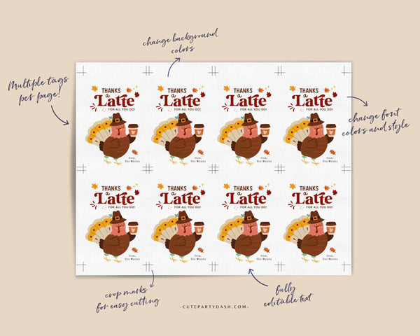 Thanks a Latte for All You Do Thanksgiving Gift Tag Printable INSTANT DOWNLOAD Teacher Fall Appreciation Coffee Gift Tags for Coworkers Team