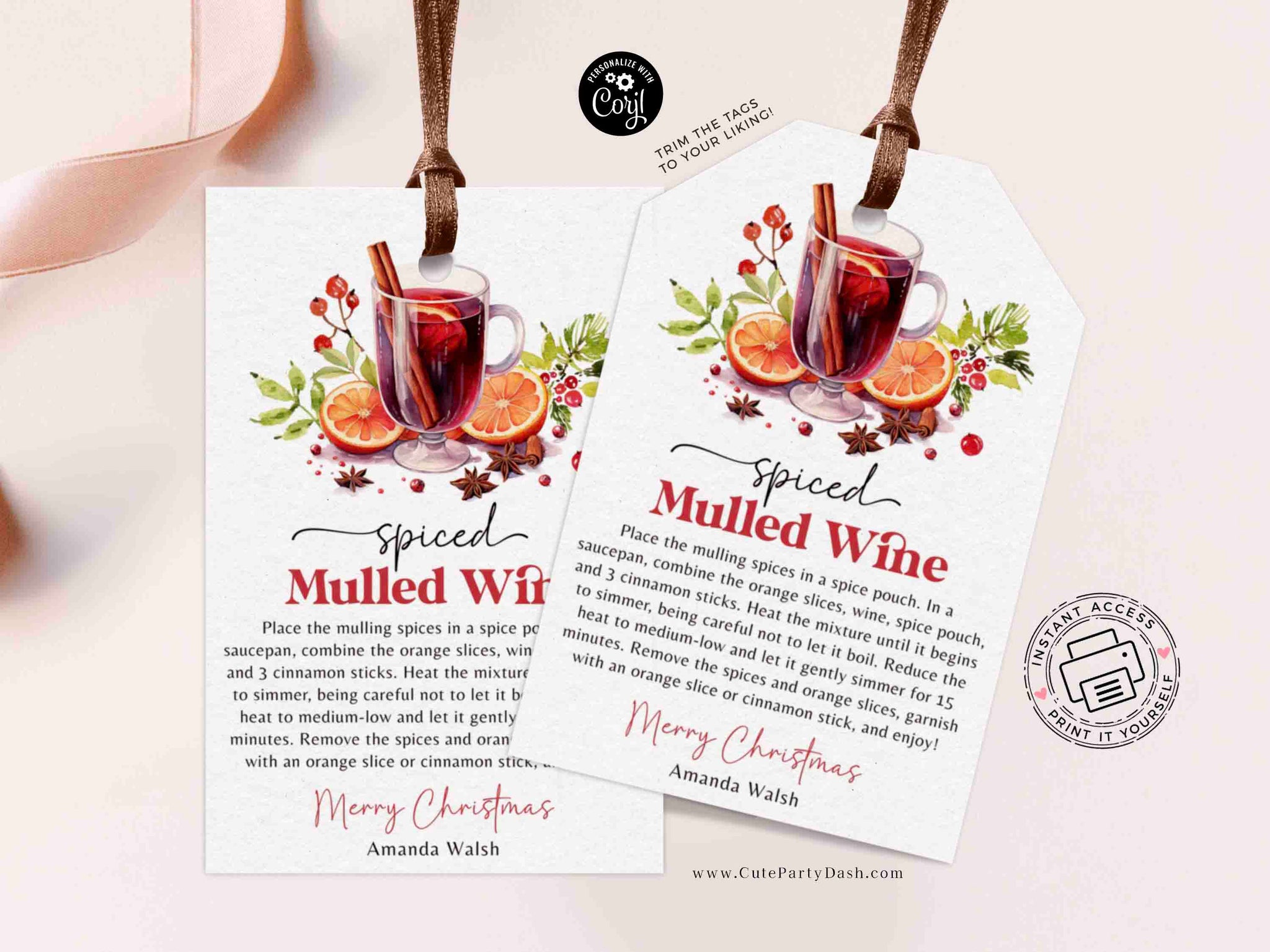 Mulled Wine Christmas Tag Printable INSTANT DOWNLOAD – Cute Party Dash