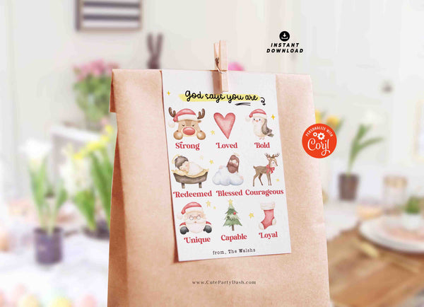 God Says You Are Religious Christmas Gift Tag Printable INSTANT DOWNLOAD Christian Affirmations Happy Holidays Sunday School Gift Tags Kids