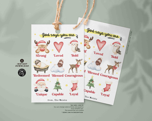 God Says You Are Religious Christmas Gift Tag Printable INSTANT DOWNLOAD Christian Affirmations Happy Holidays Sunday School Gift Tags Kids
