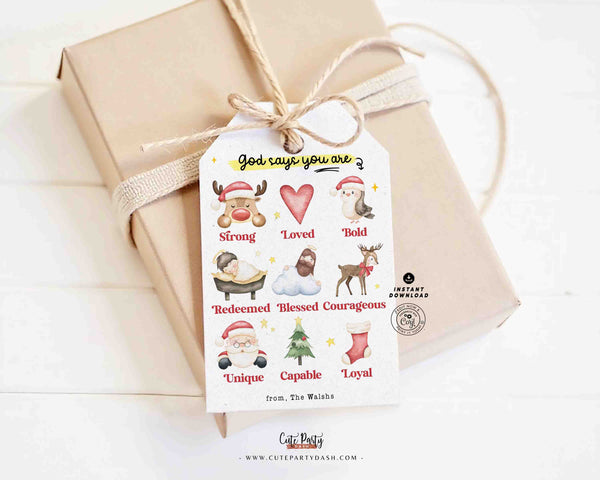 God Says You Are Religious Christmas Gift Tag Printable INSTANT DOWNLOAD Christian Affirmations Happy Holidays Sunday School Gift Tags Kids