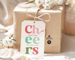 Cheers Christmas Gift Tag Printable INSTANT DOWNLOAD Happy Holidays Colorful Wine Bottle Label Sticker Modern Christmas Favor Tag