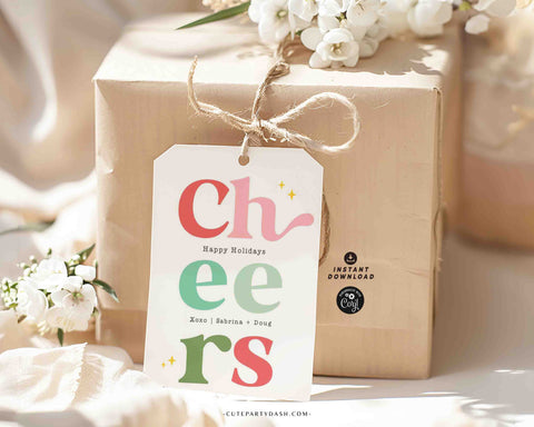 Cheers Christmas Gift Tag Printable INSTANT DOWNLOAD Happy Holidays Colorful Wine Bottle Label Sticker Modern Christmas Favor Tag