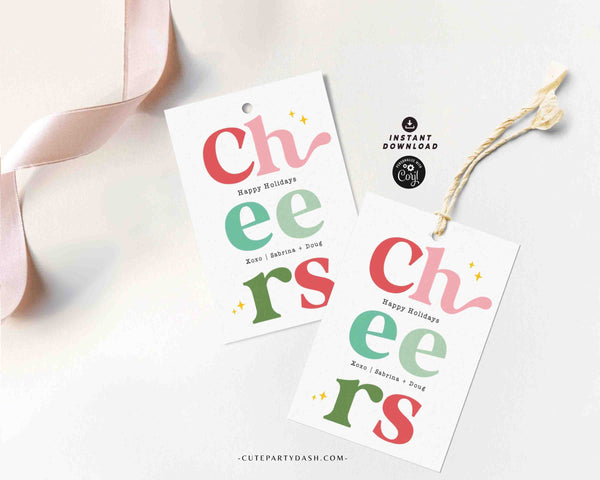 Cheers Christmas Gift Tag Printable INSTANT DOWNLOAD Happy Holidays Colorful Wine Bottle Label Sticker Modern Christmas Favor Tag