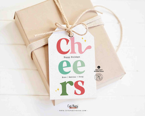 Cheers Christmas Gift Tag Printable INSTANT DOWNLOAD Happy Holidays Colorful Wine Bottle Label Sticker Modern Christmas Favor Tag