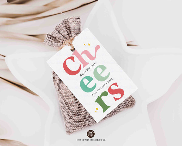 Cheers Christmas Gift Tag Printable INSTANT DOWNLOAD Happy Holidays Colorful Wine Bottle Label Sticker Modern Christmas Favor Tag