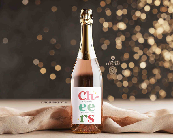 Cheers Christmas Gift Tag Printable INSTANT DOWNLOAD Happy Holidays Colorful Wine Bottle Label Sticker Modern Christmas Favor Tag