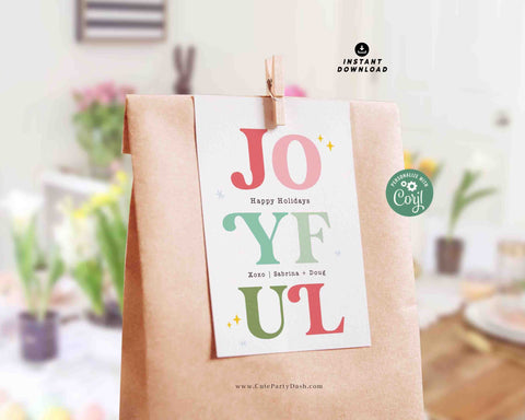 Joyful Christmas Gift Tag Printable INSTANT DOWNLOAD Happy Holidays Colorful Wine Bottle Label Sticker Modern Christmas Festive Favor Tag