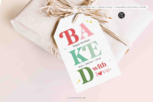 Baked with Love Christmas Gift Tag Printable INSTANT DOWNLOAD Happy Holidays Homemade Cookies Label Sticker Modern Christmas Favor Tag