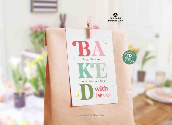Baked with Love Christmas Gift Tag Printable INSTANT DOWNLOAD Happy Holidays Homemade Cookies Label Sticker Modern Christmas Favor Tag