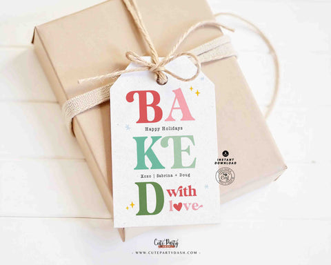 Baked with Love Christmas Gift Tag Printable INSTANT DOWNLOAD Happy Holidays Homemade Cookies Label Sticker Modern Christmas Favor Tag