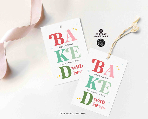 Baked with Love Christmas Gift Tag Printable INSTANT DOWNLOAD Happy Holidays Homemade Cookies Label Sticker Modern Christmas Favor Tag