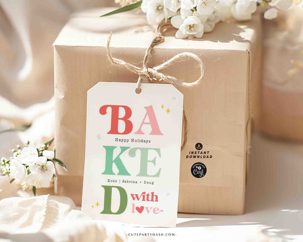 Baked with Love Christmas Gift Tag Printable INSTANT DOWNLOAD Happy Holidays Homemade Cookies Label Sticker Modern Christmas Favor Tag
