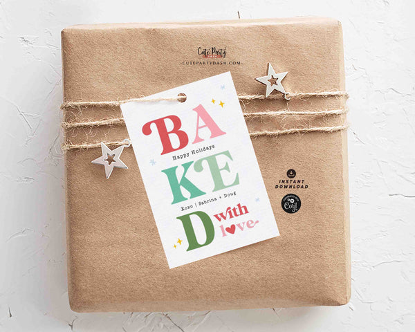 Baked with Love Christmas Gift Tag Printable INSTANT DOWNLOAD Happy Holidays Homemade Cookies Label Sticker Modern Christmas Favor Tag