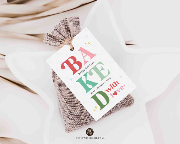Baked with Love Christmas Gift Tag Printable INSTANT DOWNLOAD Happy Holidays Homemade Cookies Label Sticker Modern Christmas Favor Tag