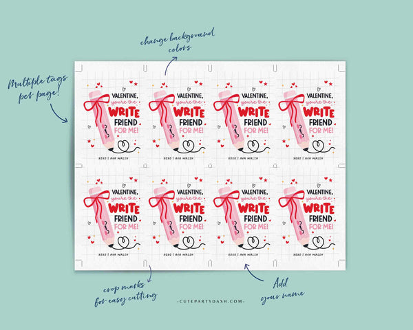 Pencil Valentine You’re the WRITE Friend for Me Gift Tags Printable INSTANT DOWNLOAD Write Valentine Preschool Kids Non-Candy Classroom Gift