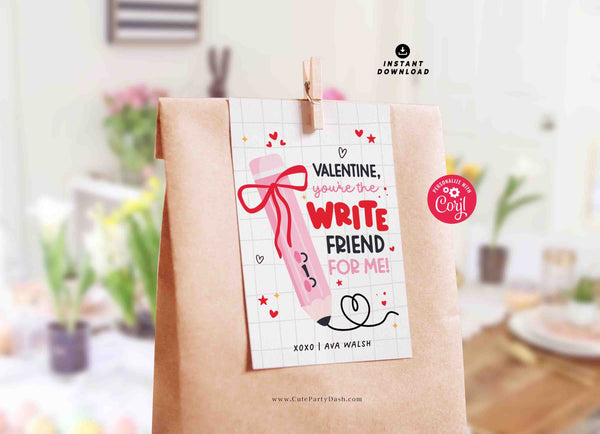 Pencil Valentine You’re the WRITE Friend for Me Gift Tags Printable INSTANT DOWNLOAD Write Valentine Preschool Kids Non-Candy Classroom Gift