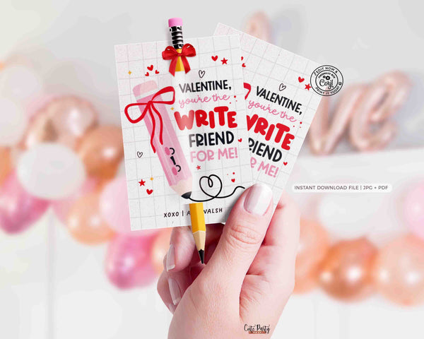 Pencil Valentine You’re the WRITE Friend for Me Gift Tags Printable INSTANT DOWNLOAD Write Valentine Preschool Kids Non-Candy Classroom Gift