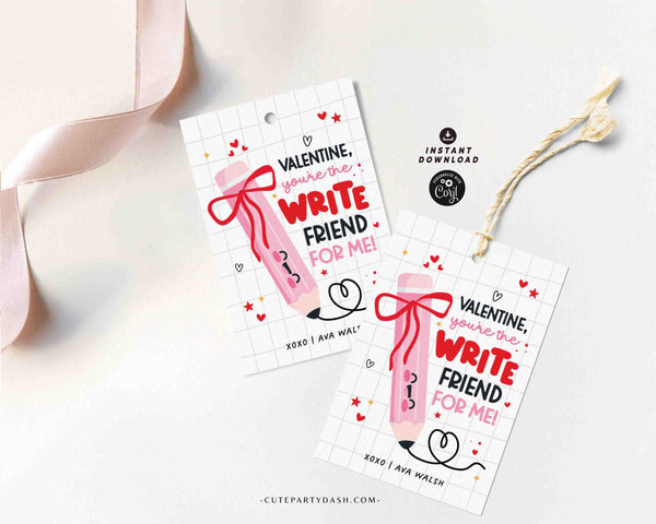 Pencil Valentine You’re the WRITE Friend for Me Gift Tags Printable INSTANT DOWNLOAD Write Valentine Preschool Kids Non-Candy Classroom Gift