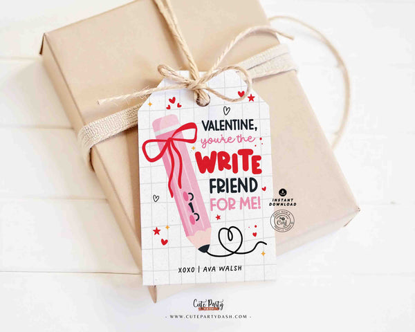 Pencil Valentine You’re the WRITE Friend for Me Gift Tags Printable INSTANT DOWNLOAD Write Valentine Preschool Kids Non-Candy Classroom Gift