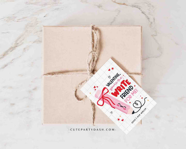 Pencil Valentine You’re the WRITE Friend for Me Gift Tags Printable INSTANT DOWNLOAD Write Valentine Preschool Kids Non-Candy Classroom Gift