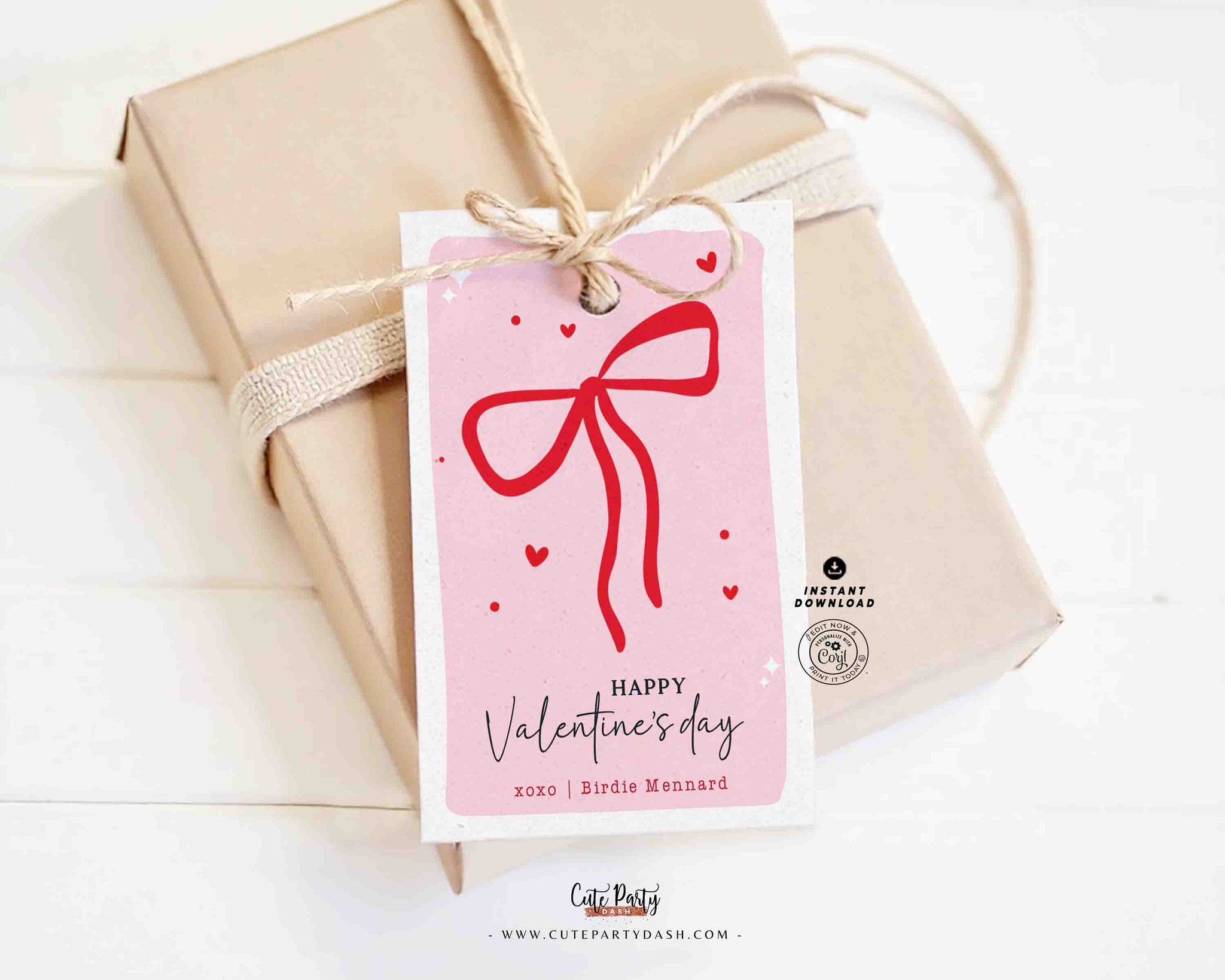 Red Coquette Bow Happy Valentine's Day Gift Tag Printable INSTANT DOWNLOAD Whimsical Teacher Valentines Gift Co worker Team EDITABLE Kids