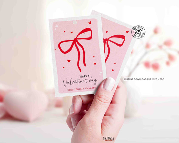 Red Coquette Bow Happy Valentine's Day Gift Tag Printable INSTANT DOWNLOAD Whimsical Teacher Valentines Gift Co worker Team EDITABLE Kids