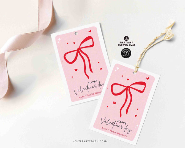 Red Coquette Bow Happy Valentine's Day Gift Tag Printable INSTANT DOWNLOAD Whimsical Teacher Valentines Gift Co worker Team EDITABLE Kids
