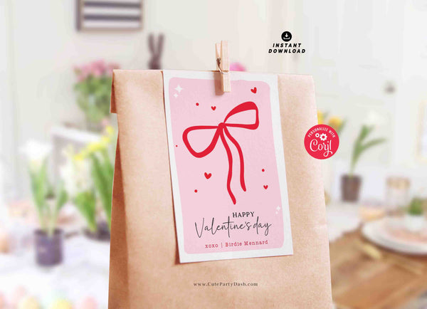 Red Coquette Bow Happy Valentine's Day Gift Tag Printable INSTANT DOWNLOAD Whimsical Teacher Valentines Gift Co worker Team EDITABLE Kids
