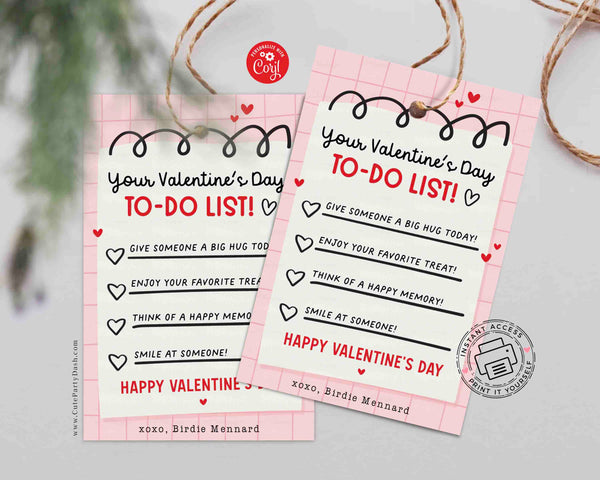 Valentine’s Day To-Do List Classroom Valentine Kids Tag Printable INSTANT DOWNLOAD Happy Valentine's Day EDITABLE gift tag